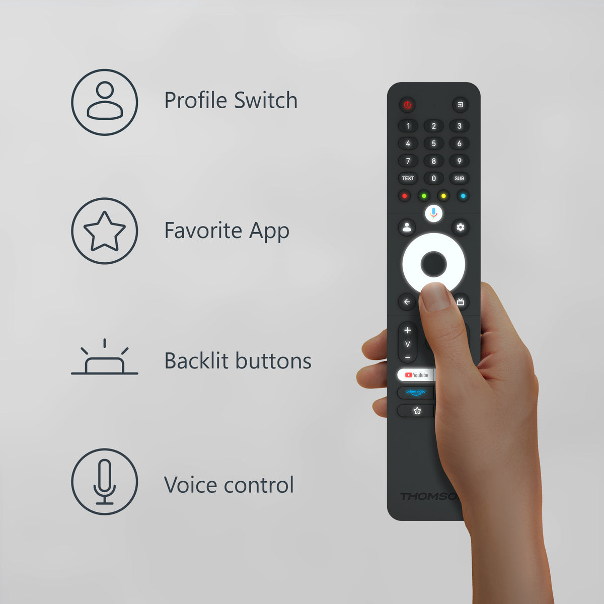 Hand holding a remote control with features listed on the left