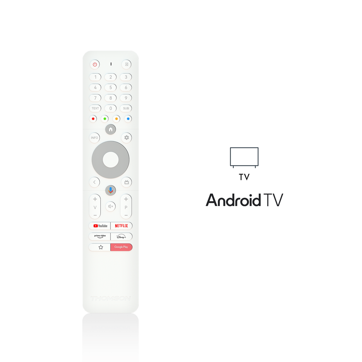 White remote control with Android TV logo on a white background