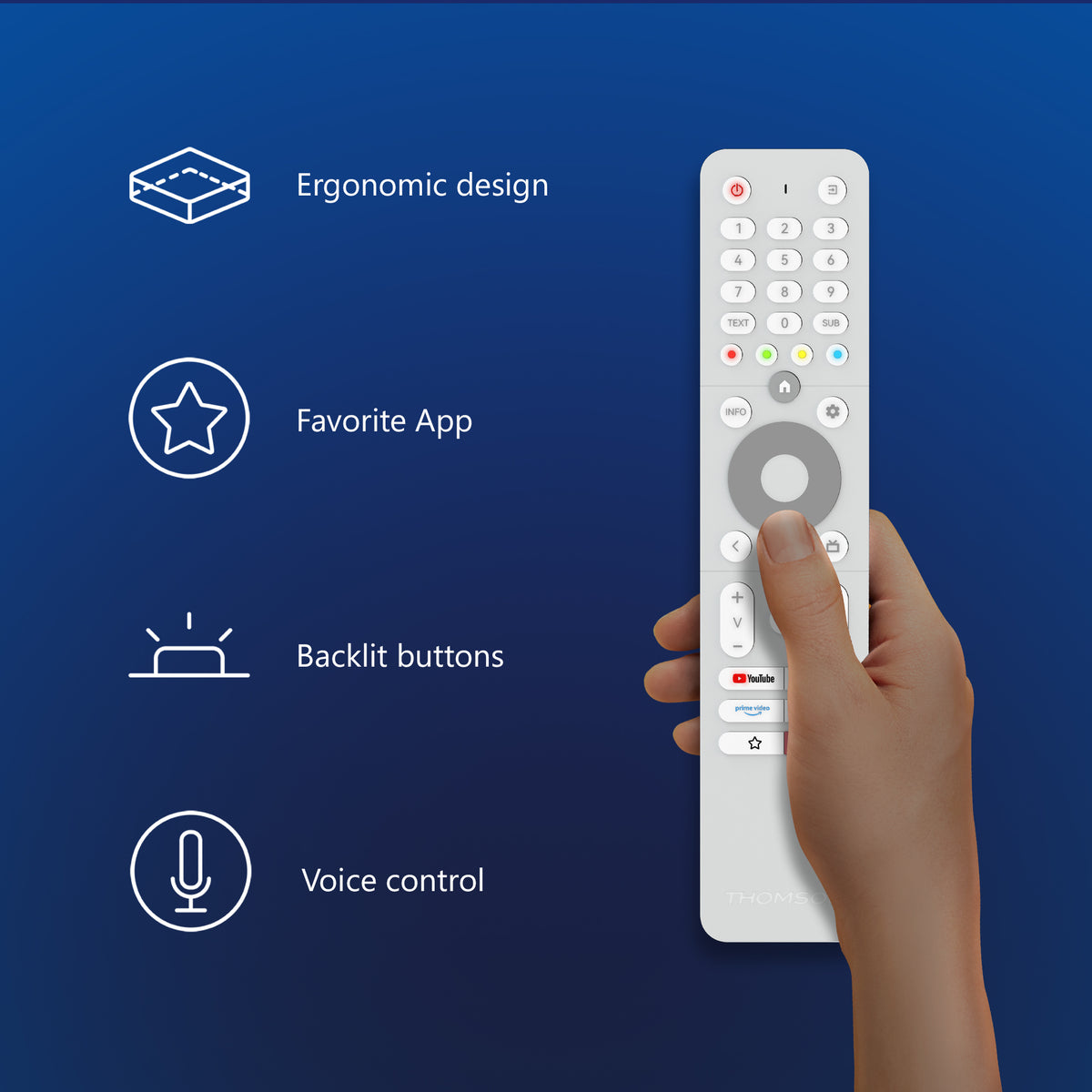Hand holding a remote control with features listed on a blue background