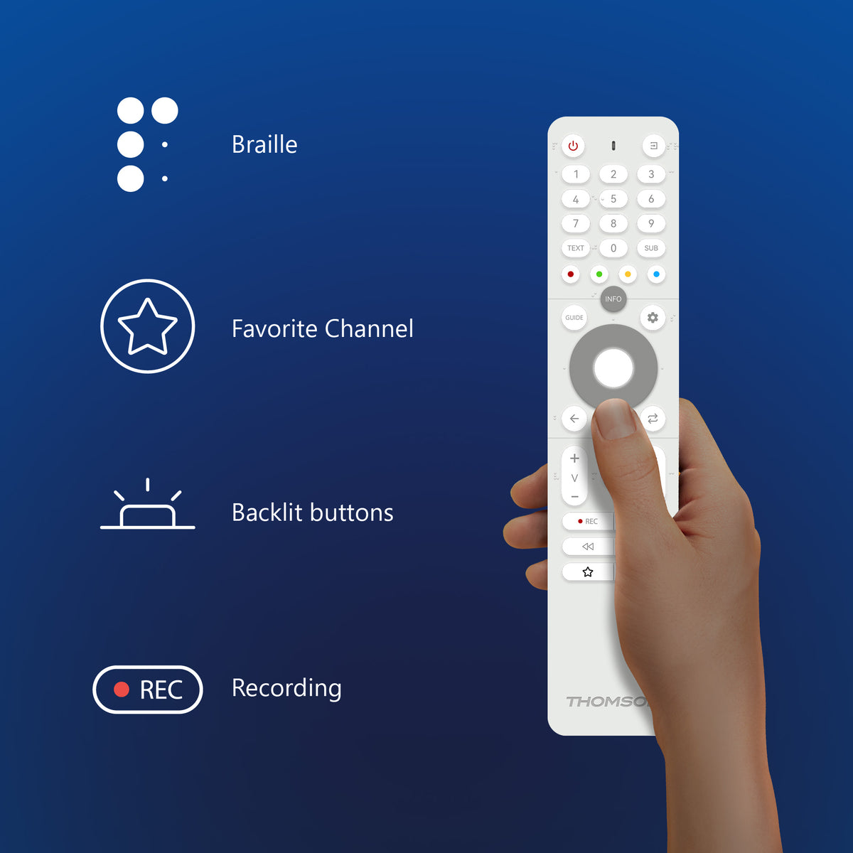 White remote control with features highlighted on a blue background