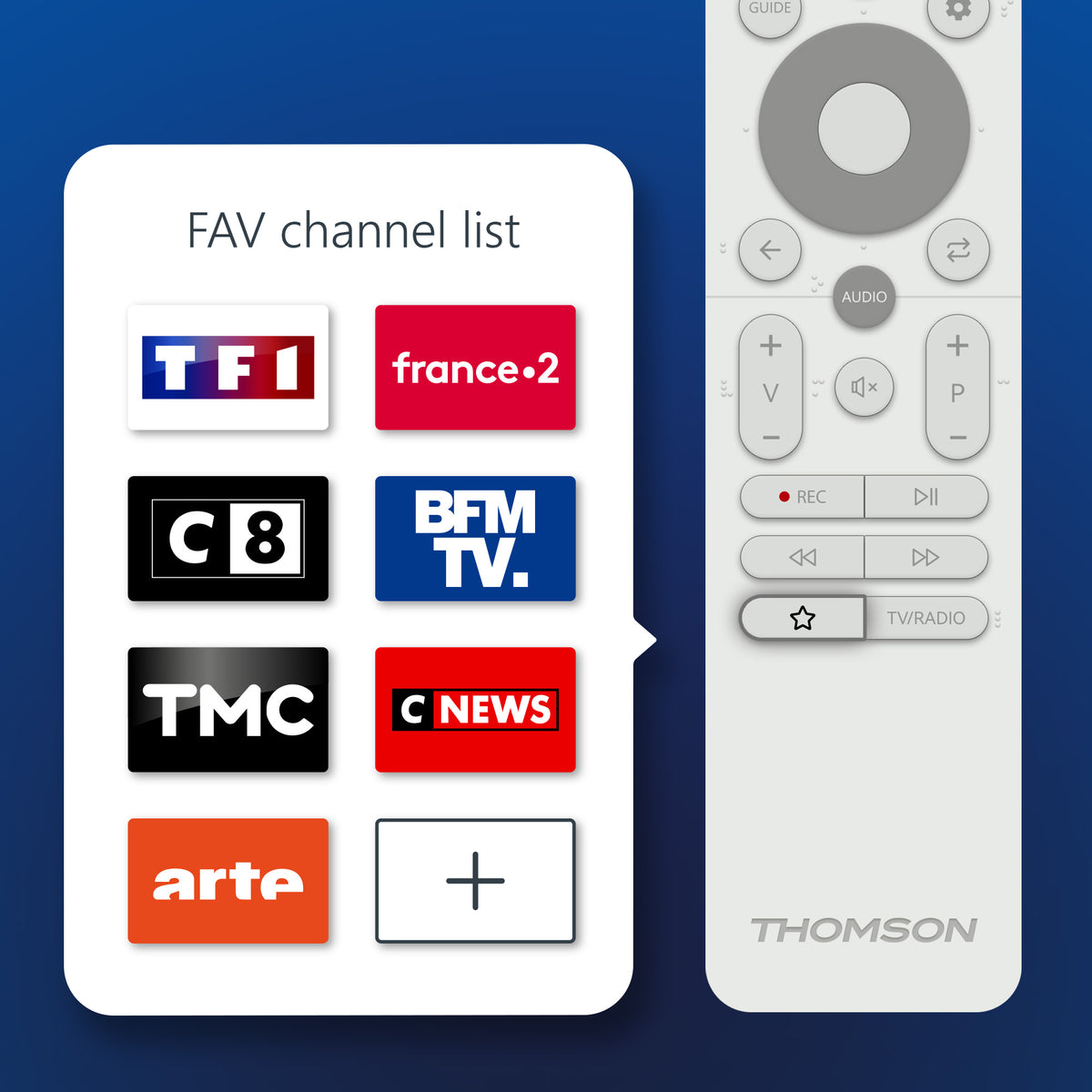 Remote control with favorite channel list on a blue background