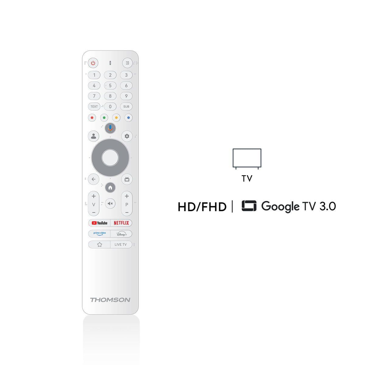 White remote control with Google TV 3.0 features on a white background