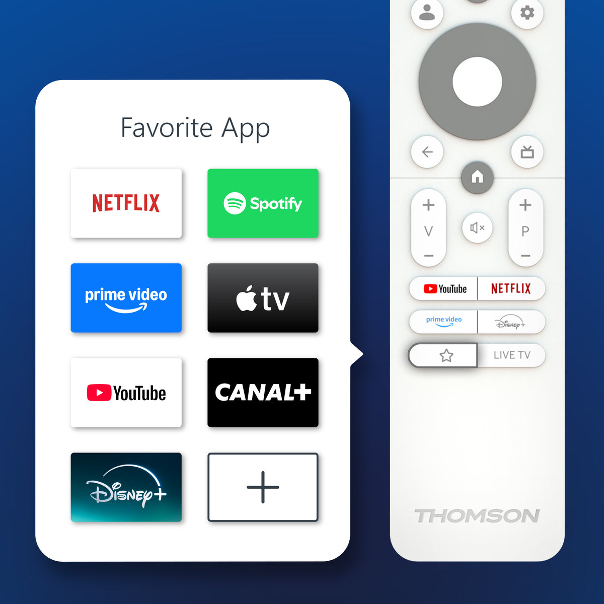 Remote control with app icons on a blue background