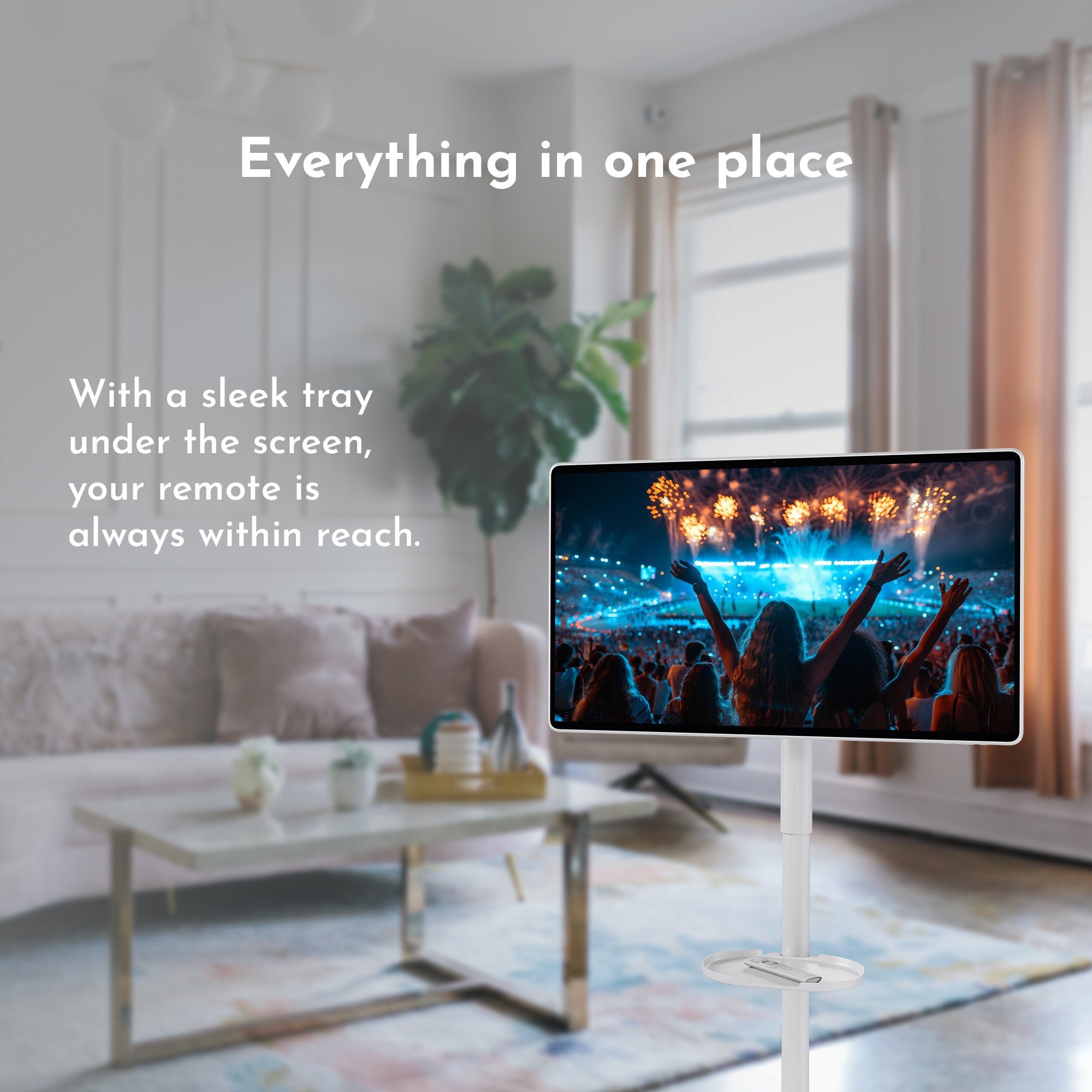 Living room with a mounted TV on a stand displaying a sports event, with text overlay about a sleek tray.