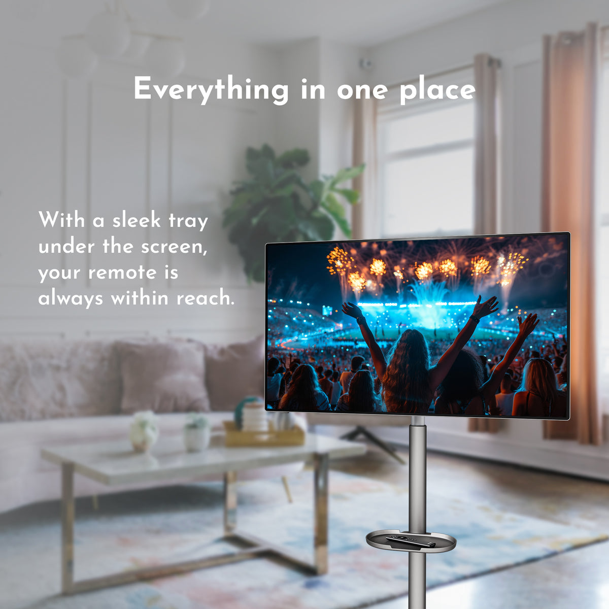 TV stand with a TV displaying a concert scene in a living room setting.