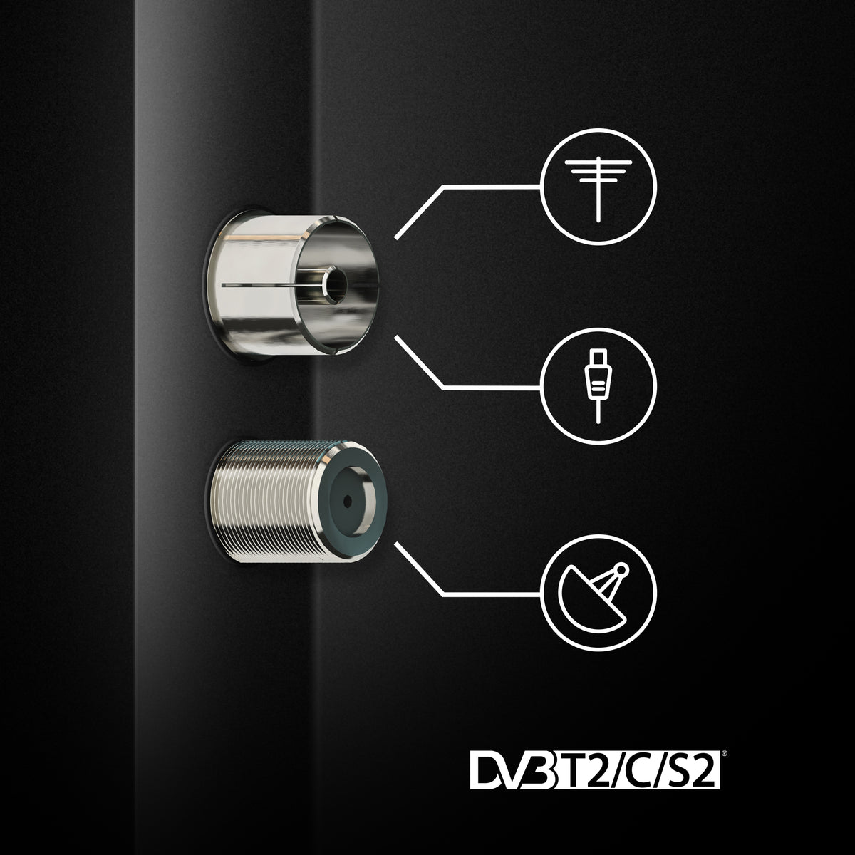 Close-up of a black panel with electronic connectors and symbols on a dark background