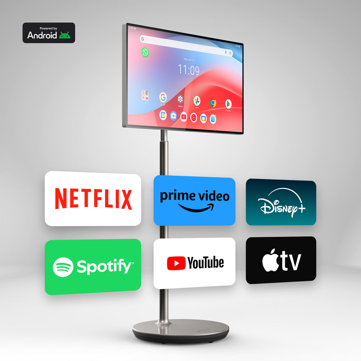 Smart display with Android logo and various app icons on a gray background